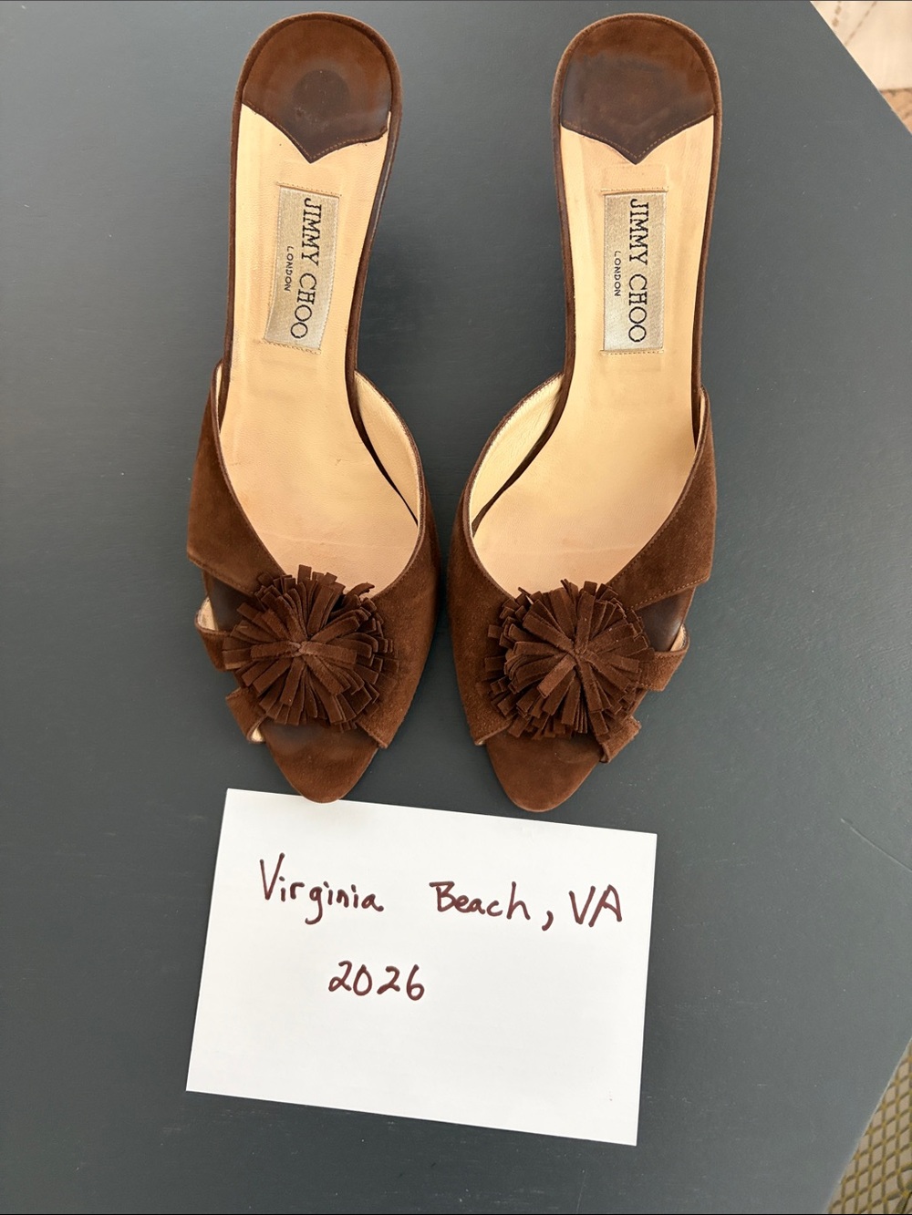 Jimmy Choo Brown Suede Peep-Toe Mules with Pom Pom Accent